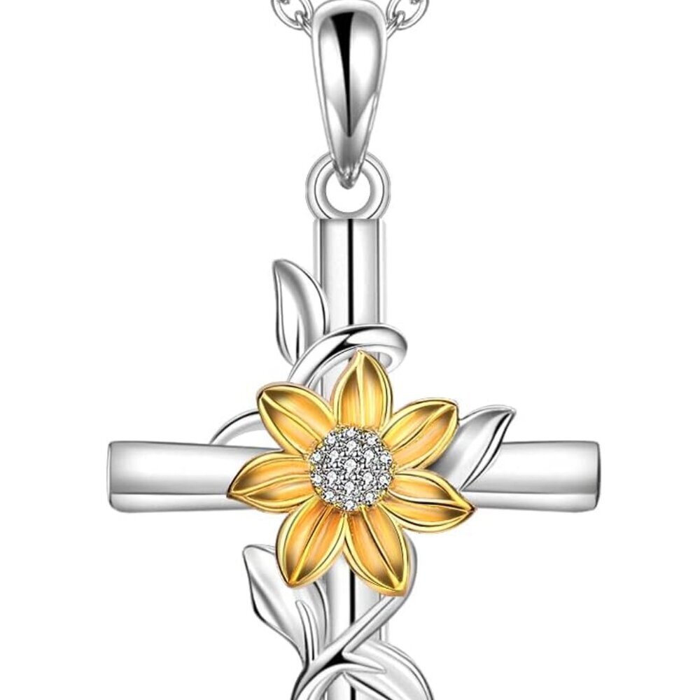 Sterling Silver Cross Necklace Women Sunflower Pendant Gifts For Her